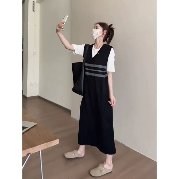法式慵懒风气质短袖T恤连衣裙女2025夏季新款假两件大码宽松长裙