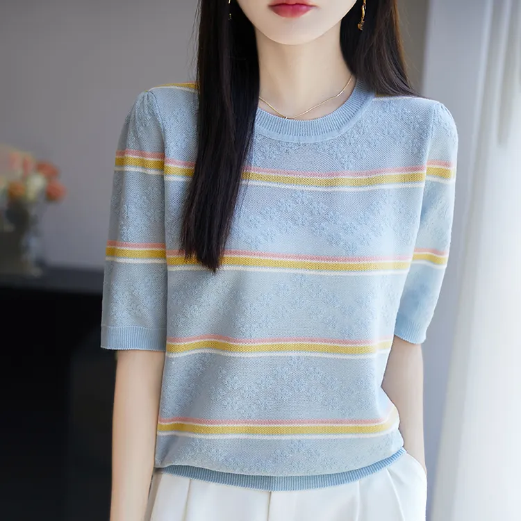 大码哥弟阿玛施正品桑蚕丝短袖t恤女2025新款夏装薄款针织衫条纹