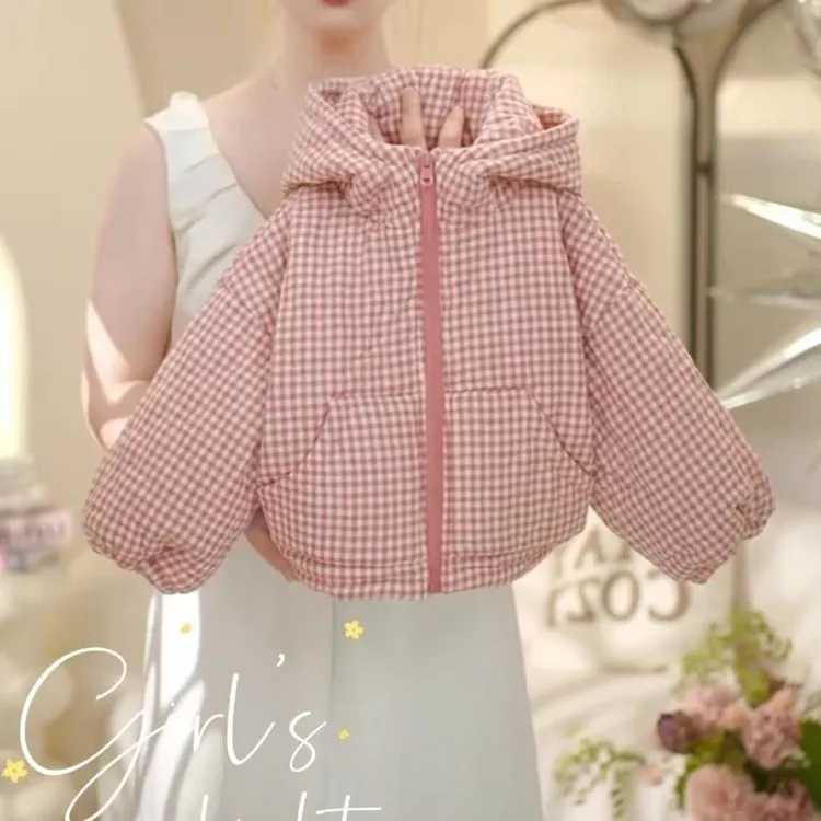 韩版女童2024冬季新款洋气元气感加绒加厚连帽格子棉服外套保暖