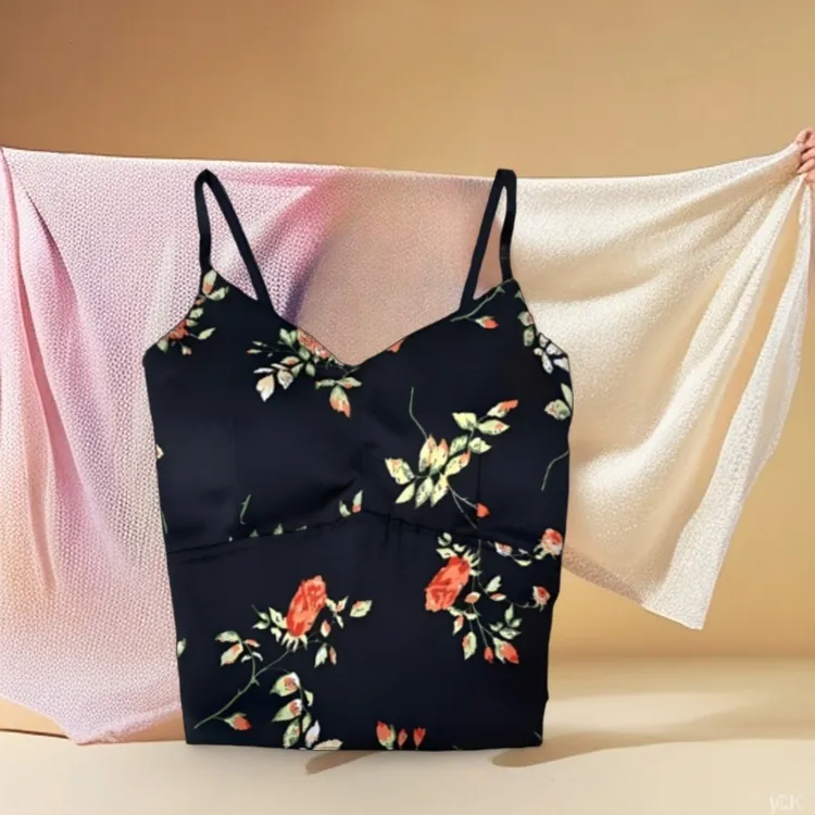 美背碎花时尚清纯外穿女款显瘦吊带背心女内搭背心小个子辣妹胸垫