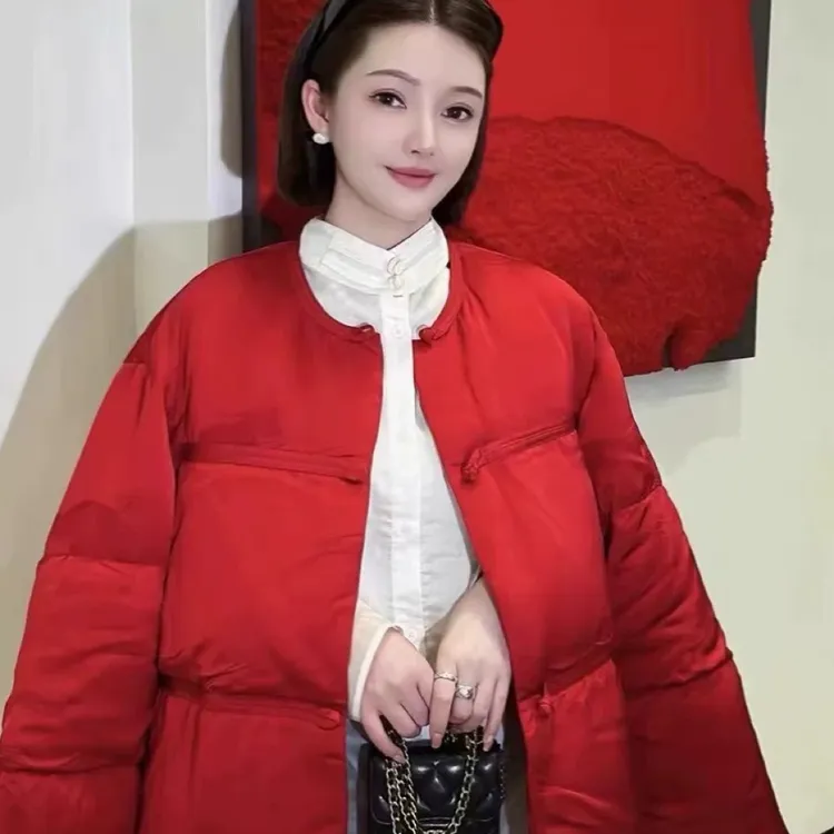 本命年大红色新中式国风提花短款白鸭绒羽绒服外套女新年战袍上衣