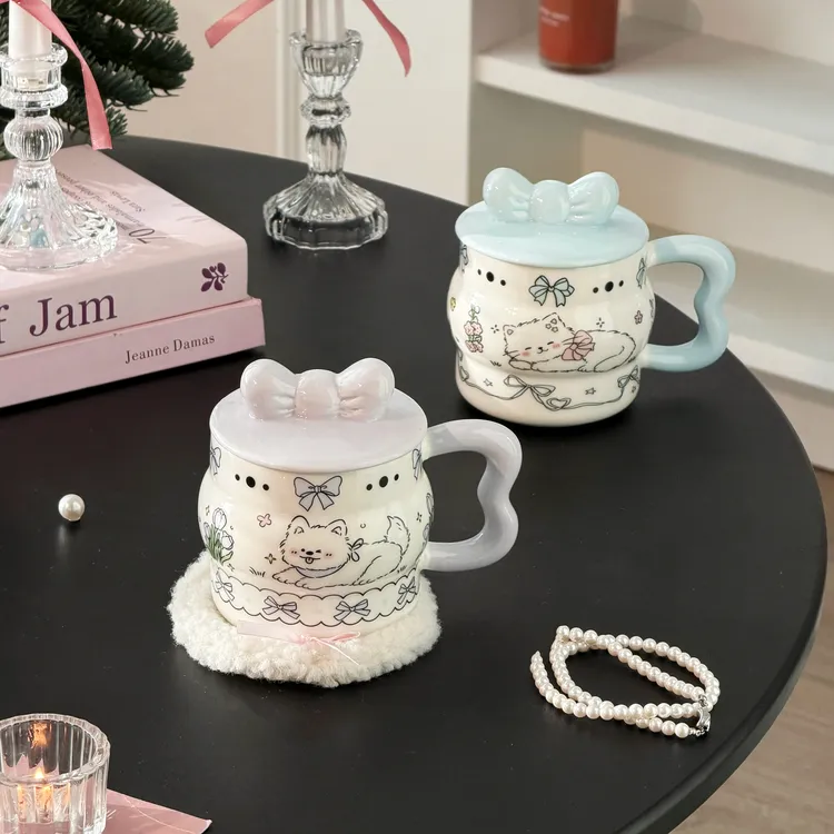 蝴蝶结卡通马克杯小众少女心创意可爱陶瓷水杯精致公主风超萌礼品