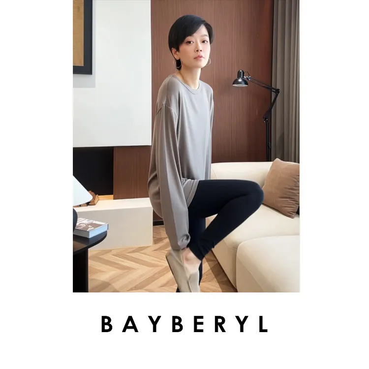 BAYBERYL老贝长袖大大T*舒适弹圆领百搭纯色秋T恤NT5H0607-8/30