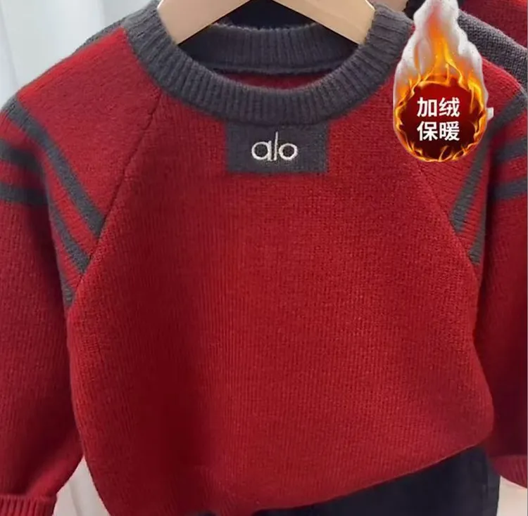 【alo新款】2025秋冬新款加绒男女童装长袖提花针织衫儿童毛衣外套