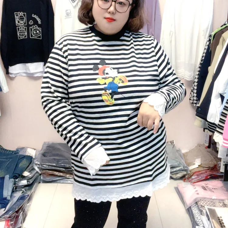 2025年秋季新款大码女装韩版宽松卡通黑白条纹中长款T恤胖mm200斤