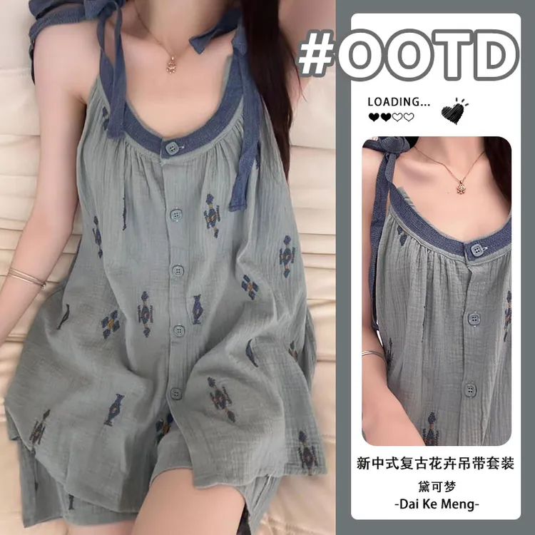 新中式复古花卉睡衣套装女夏季新款显瘦减龄休闲可外穿薄款家居服