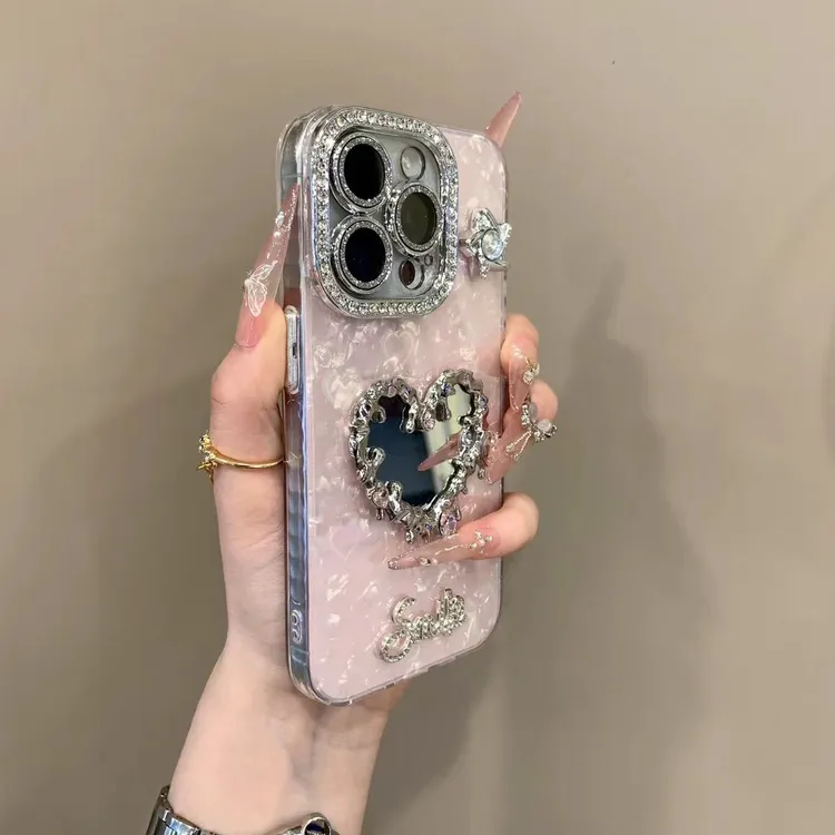 高颜值轻奢贝壳纹水钻爱心适用苹果16promax手机壳15pro网红14闪