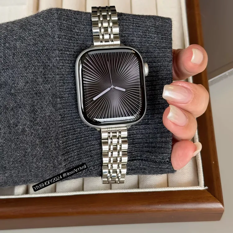 适用苹果手表星光色表带applewatchS10小蛮腰纤细金属不锈钢表带i