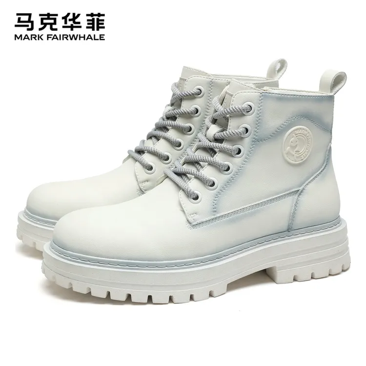 马克华菲情侣马丁靴爆款2025新款增高机车工装靴白色高帮男女靴子