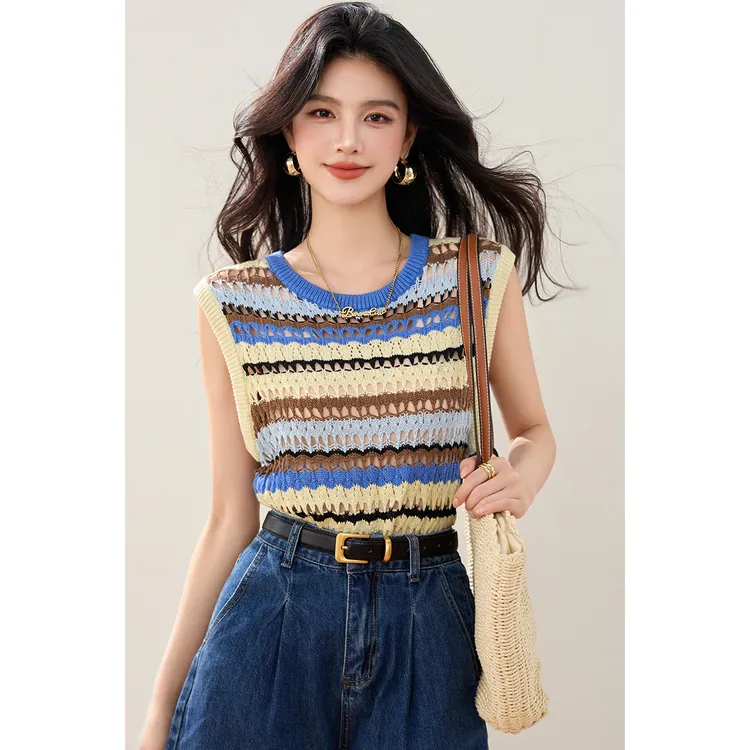 新款条纹镂空时髦洋气无袖短款针织背心马甲上衣短袖t恤