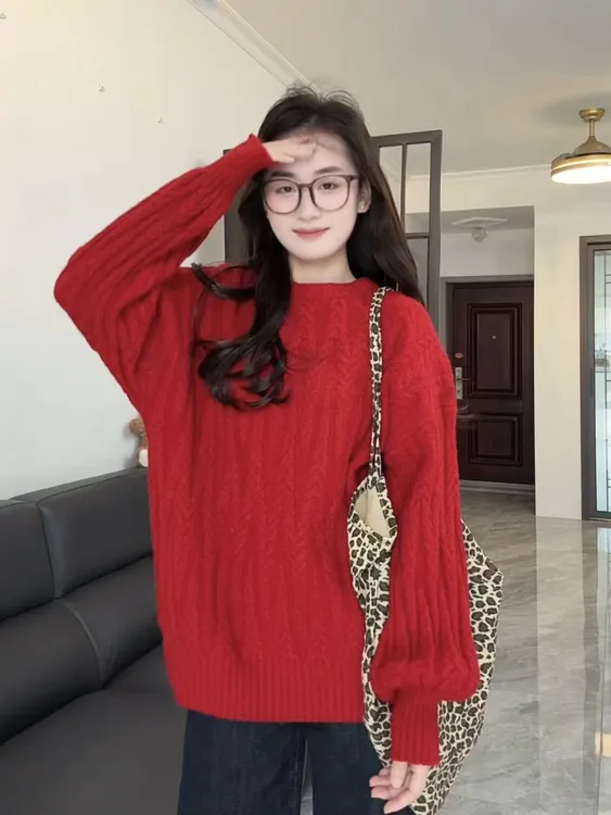 复古麦穗毛衣女2025新款秋冬宽松外穿慵懒风加厚软糯中长针织上衣