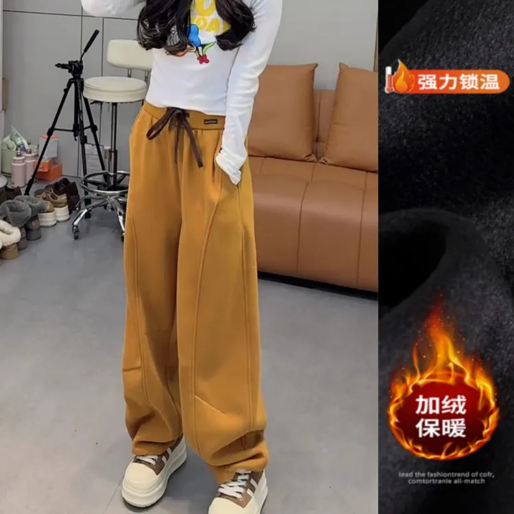 景倩妮爆款立体裁剪弯刀休闲卫裤2025冬季新款加绒显瘦窄版阔腿裤