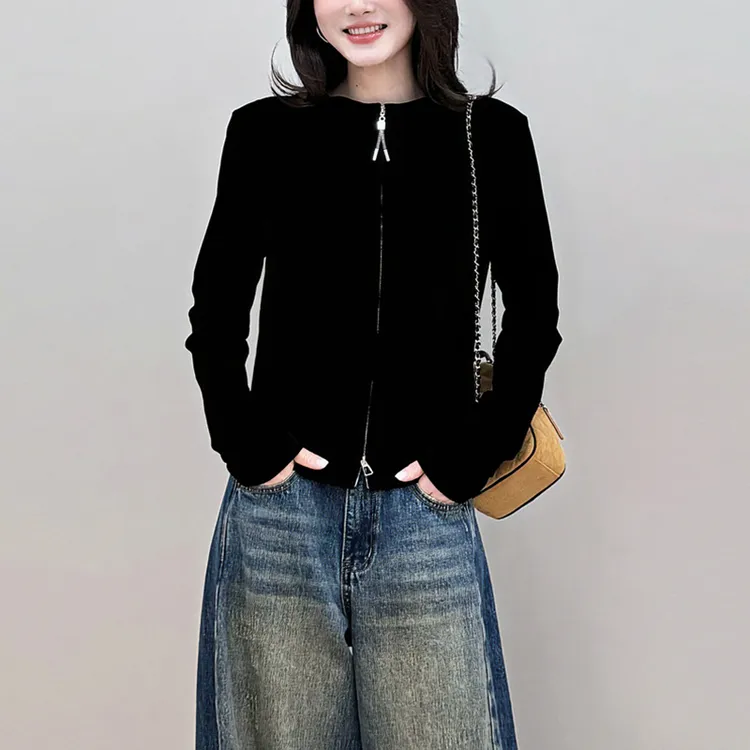 简约黑色双拉链长袖外套女2025秋季新款休闲百搭洋气金丝绒开衫潮