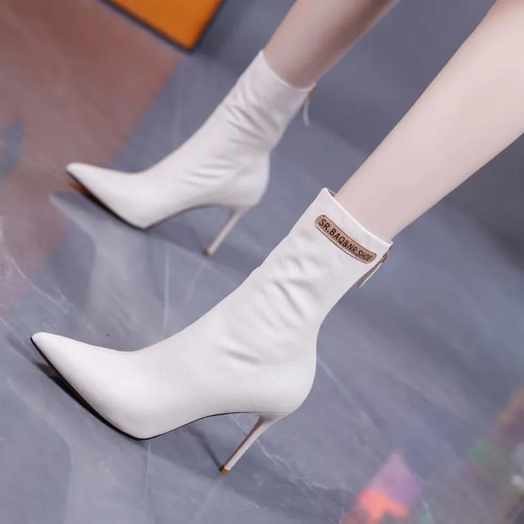 9CM性感尖头米白色高跟中筒瘦瘦靴秋冬新款马丁靴细跟短靴半靴女.