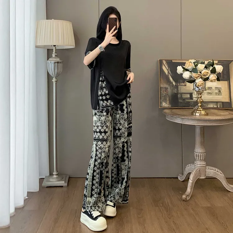 时尚减龄套装女夏季新款宽松显瘦圆领印花侧边拉链短袖长裤两件套
