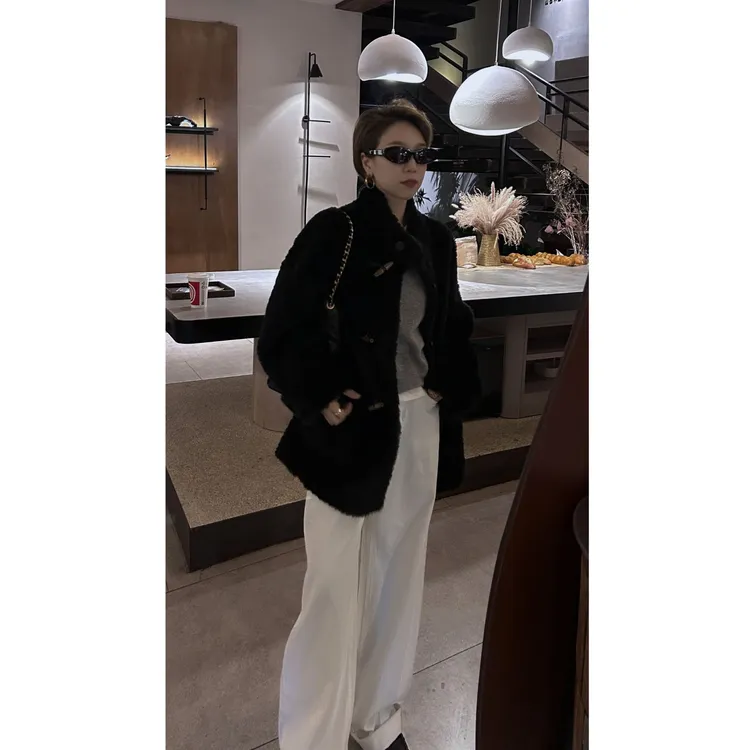 【可颂卷卷】進口拉贡卷毛牛角扣立领皮毛一体皮草外套25430024