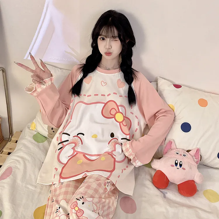 纯棉睡衣女士长袖春秋季少女卡通可爱加大码薄款可外穿家居服套装