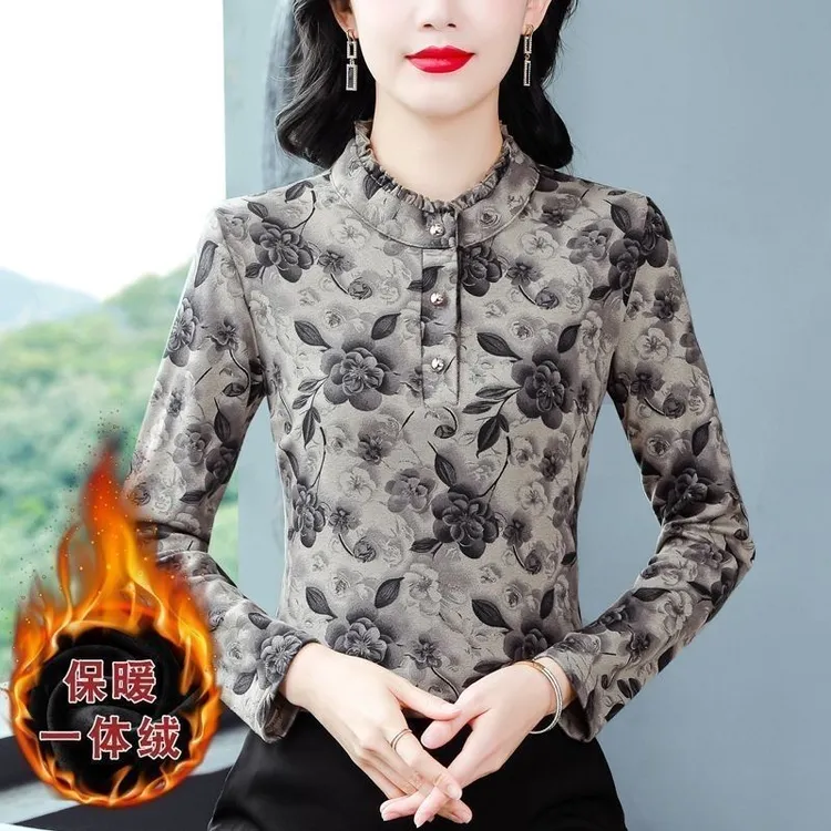 加绒一体绒冬季妈妈装花边领长袖打底T恤小衫宽松版颗粒绒保暖