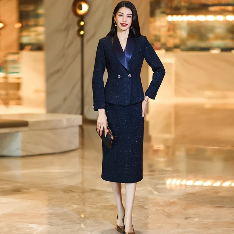 藏青色小香风毛呢套装女2025春秋新款气质修身显瘦过膝半身裙套装