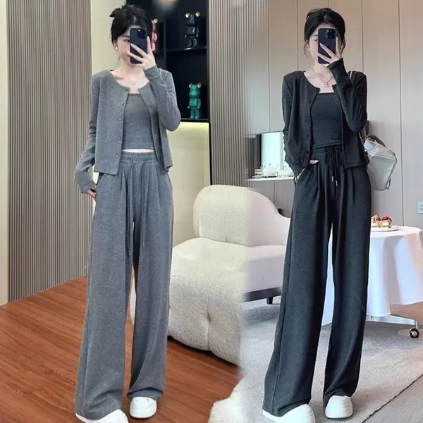 【现货+运费险】薄开衫糯米三件套女针织宽松慵懒风吊带开衫阔腿裤