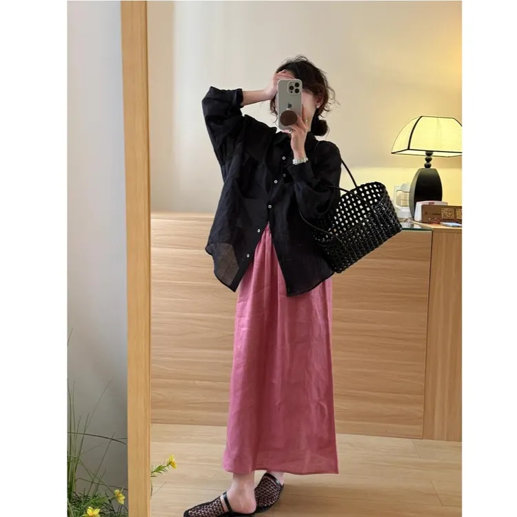 夏日漂亮小个子穿搭一整套气质黑色衬衫半身裙套装女装2025年新款