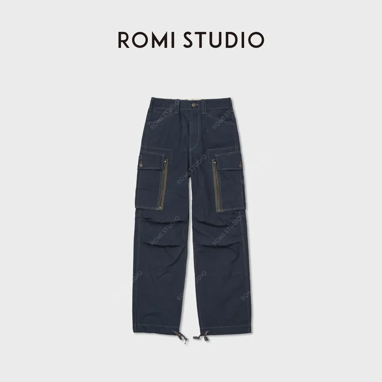 ROMI STUDIO“复古腔调”深蓝撞色明线大口袋工装休闲裤 RWCAXU5888