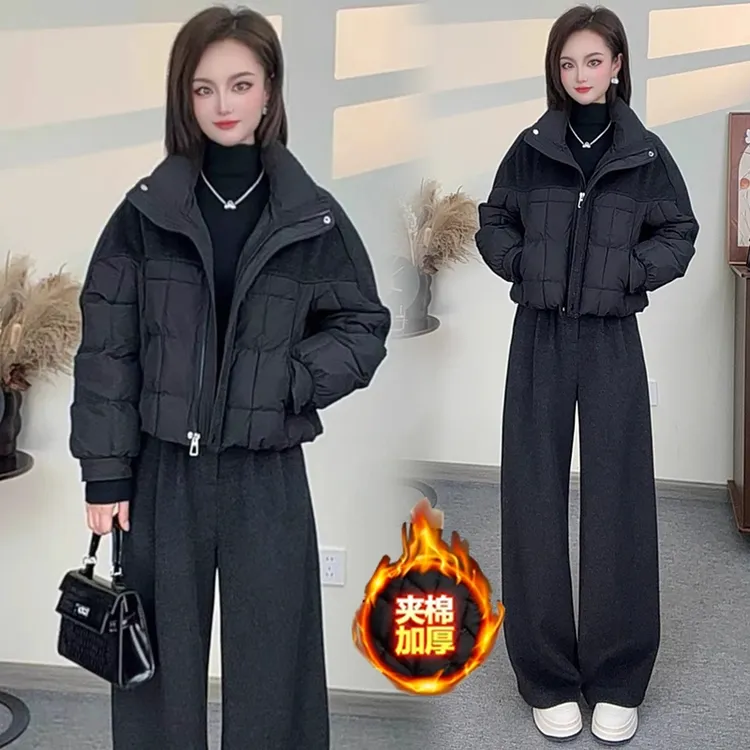 时尚套装女冬季新款加棉保暖短外套棉衣洋气显瘦穿搭阔腿裤两件套