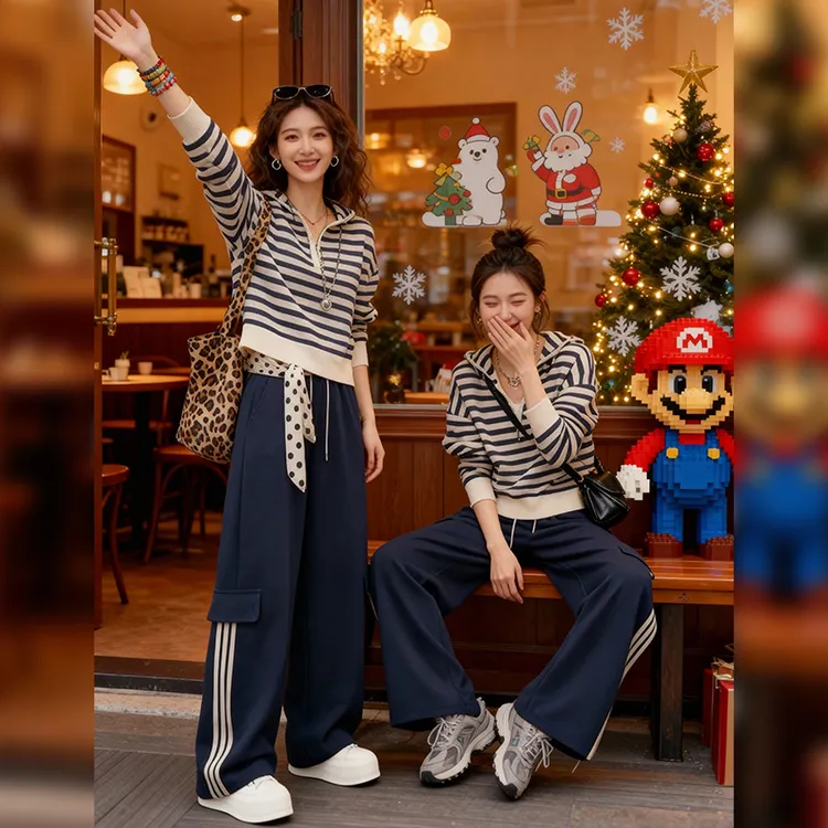 复古撞色条纹半开领拉链连帽外穿针织毛衣女秋冬穿搭阔腿裤两件套