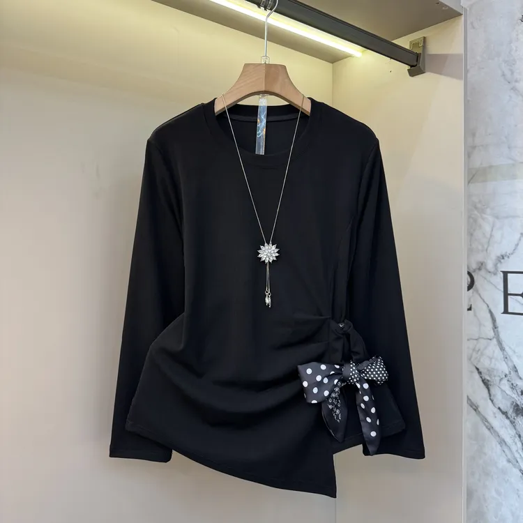 新款长袖显瘦时尚百搭韩系减龄丝带蝴蝶结不规则潮流打底上衣720