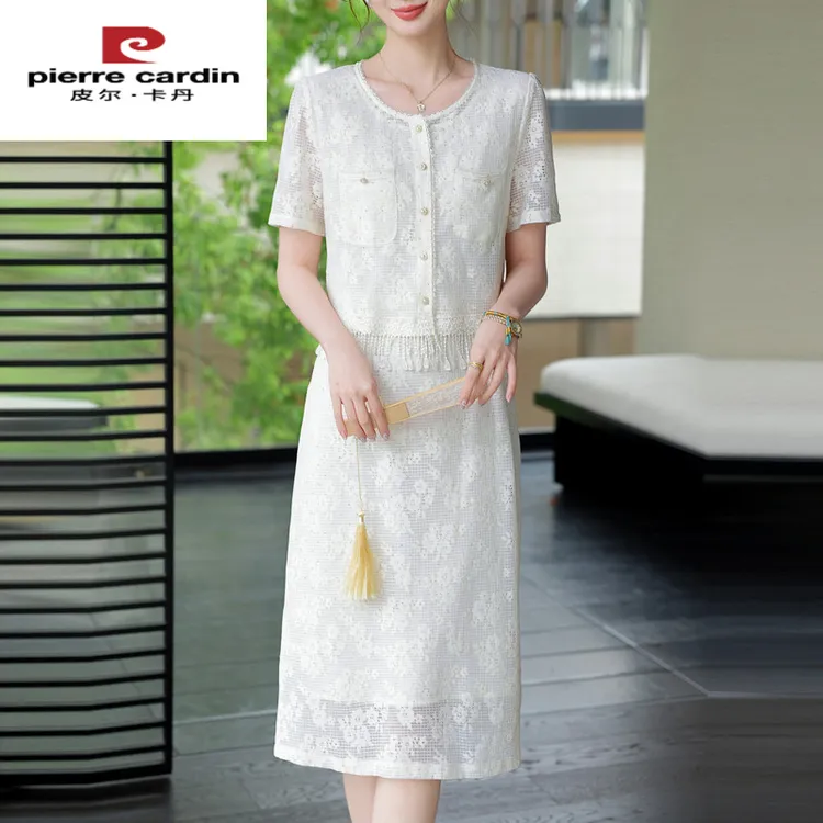 皮尔卡丹中年妈妈新款搭配小香风假两件蕾丝连衣裙女新款