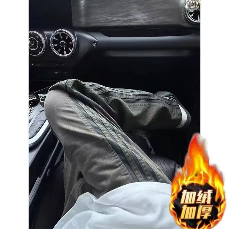 秋冬季加绒加厚美式复古条纹裤子男生潮牌工装裤直筒三条杠休闲裤