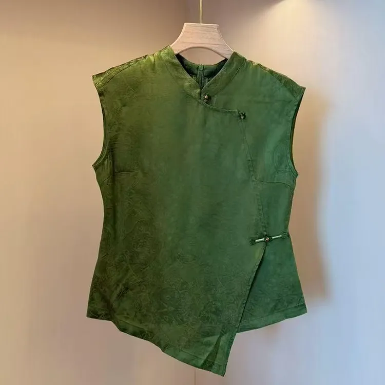 2025夏季新款新中式立领盘扣提花国风衬衫女不规则下摆无袖上衣潮