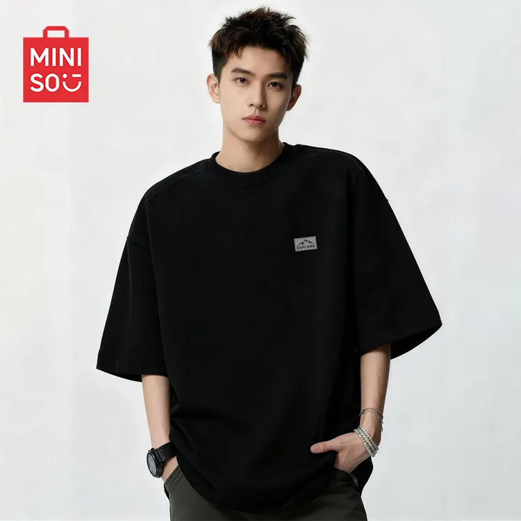 MINISO名创优品纯棉短袖t恤男款2026夏季新款重磅休闲圆领上衣男