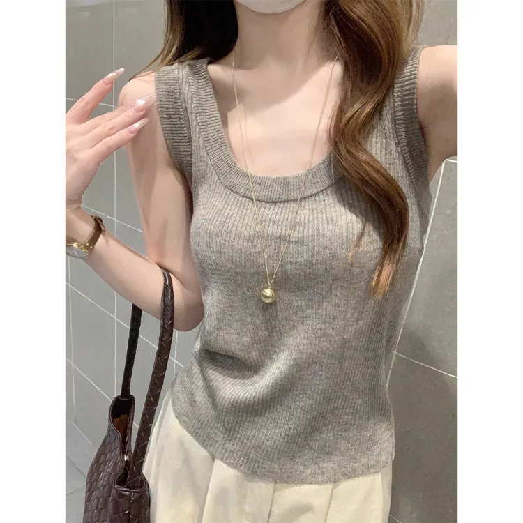 正肩显瘦小个子无袖上衣螺纹U领打底外穿针织吊带背心女早秋内搭