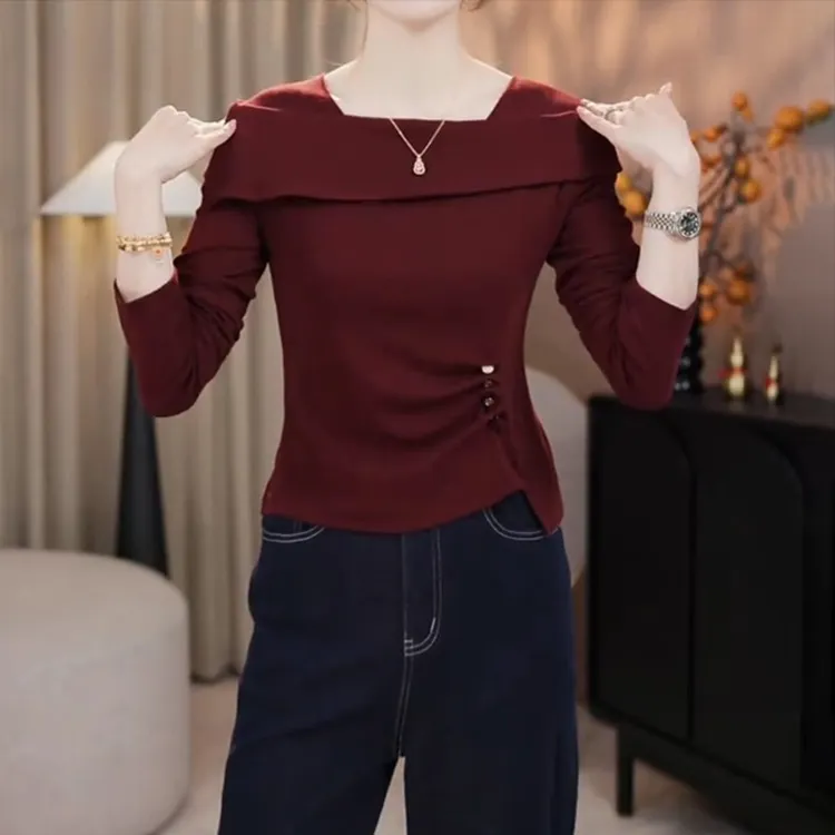 今年流行设计感收腰上衣2025秋季大码胖mm法式一字肩长袖女士T恤