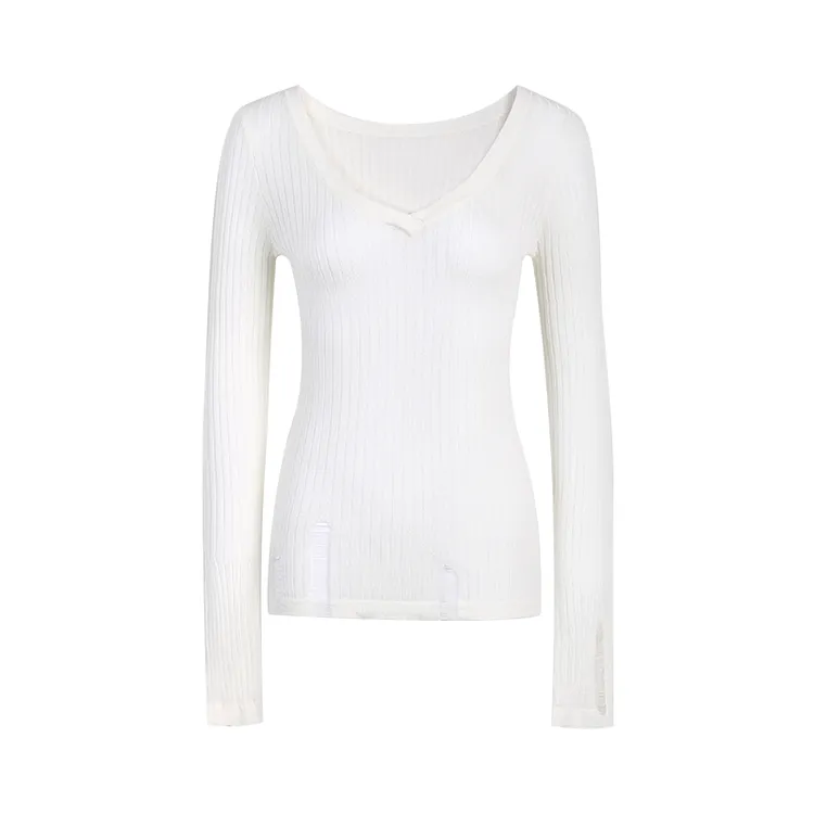 THREE GOOOD/三吉莱赛尔破洞感V领打底毛织打底衫上衣Y725S10866