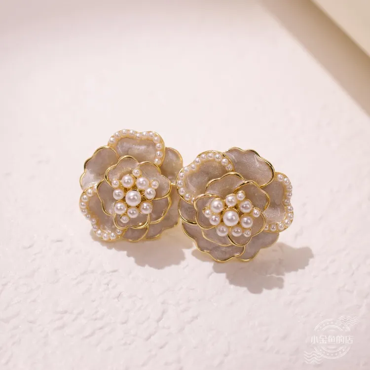 合金耳饰 【珍珠山茶花】原创重工设计滴油珍珠花朵耳钉耳环耳饰