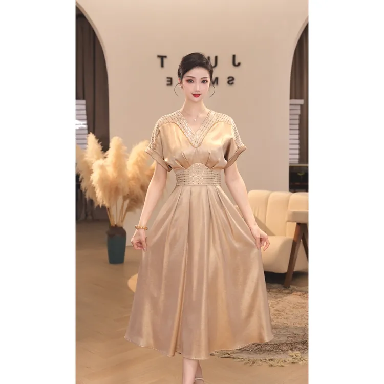 唐熹2025年夏季新款【QQ-1052】高级轻奢气质金色小众显瘦连衣裙女