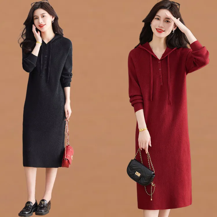过膝针织连帽卫衣连衣裙女秋冬季2025新款宽松休闲加厚打底毛衣裙