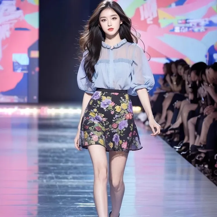 韩剧女主穿搭高级感设计气质名媛御姐风蓝色短袖衬衫印花短裙套装