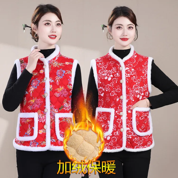 中老年女秋冬宽松马甲民族风加厚外穿马夹有口袋广场中老年女装