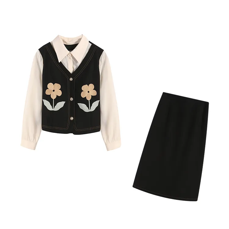 【五季家大码】时尚手工刺绣通勤风假两件上衣显瘦两件套ZL103106