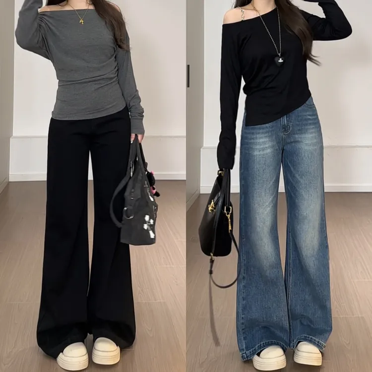 阔腿微喇叭牛仔裤女2025秋冬新款高腰宽松显高显瘦遮肉垂感拖地裤