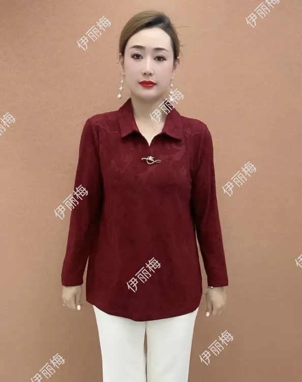 秋季新款大码女装妈妈装暗纹提花宽松显瘦时尚百搭方领洋气的小衫