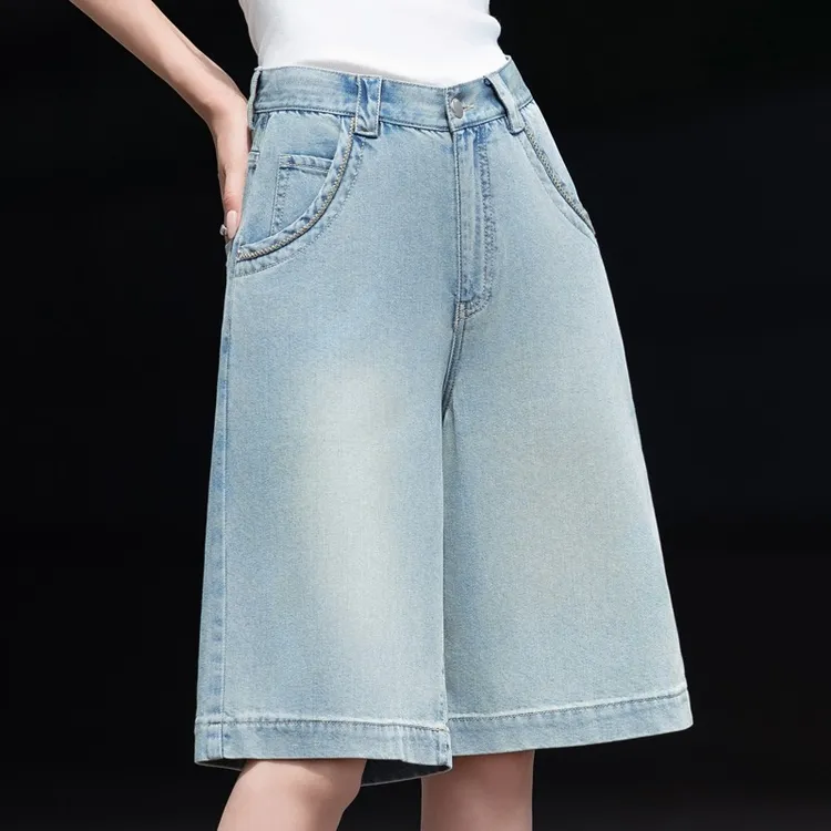 冰丝牛仔短裤女款夏天薄款裤子2025新款五分裤高腰宽松直筒阔腿裤