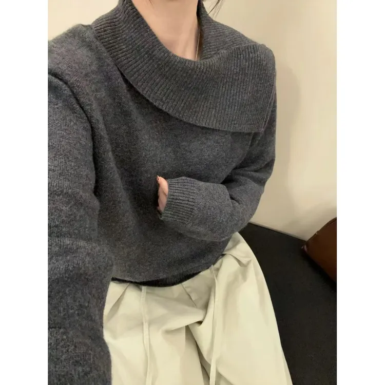 HMY5101405 2025秋冬新款慵懒风独特一字肩套头毛衣