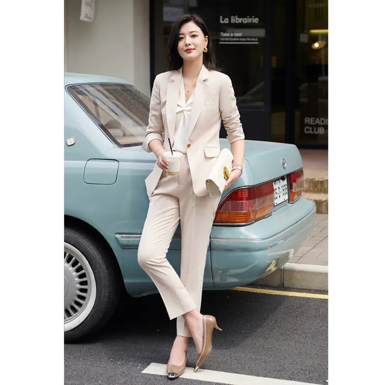 一九二九沪匠夏季薄款米杏色韩版小西装时尚修身面试职业女套装