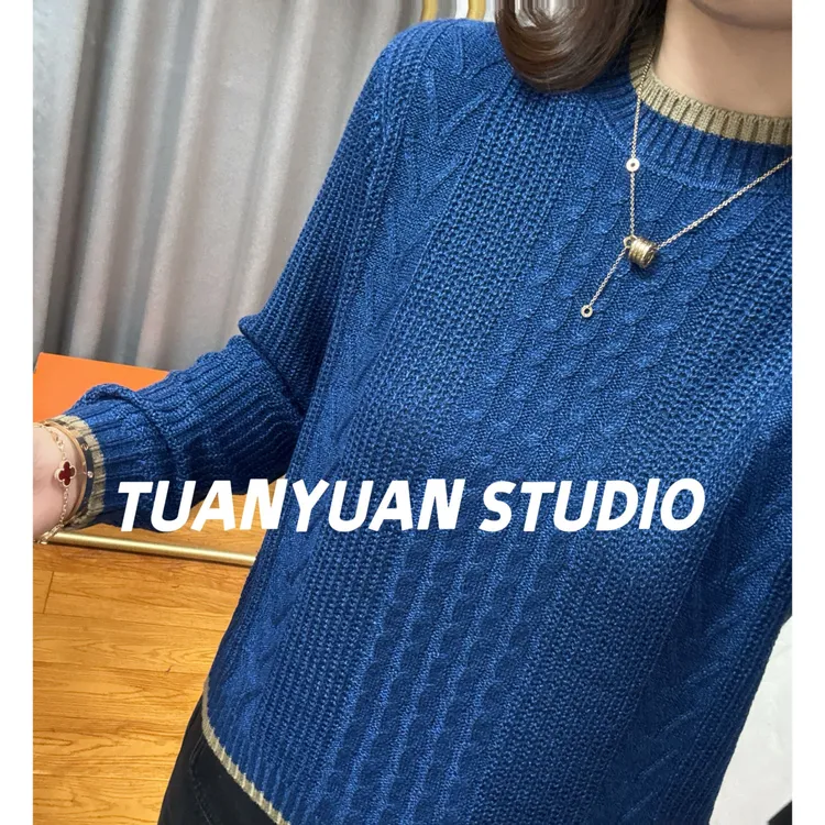 星空棉）复古圆领加厚套头毛衣秋冬新款遮肚宽松打底百搭上衣