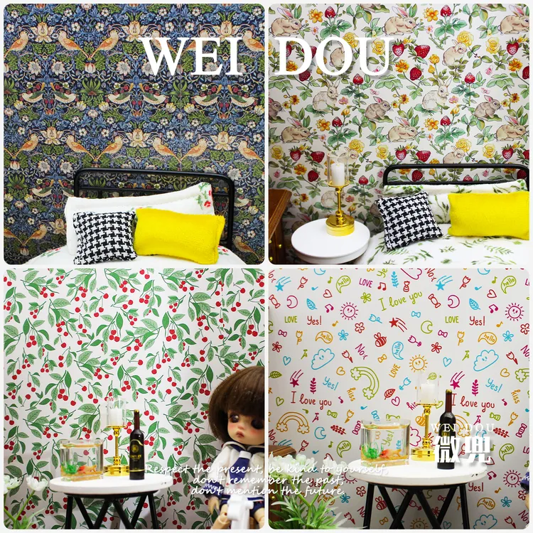 12分微缩娃屋壁纸6分BJD卡通墙纸blythe小布娃用不干胶拍摄背景纸
