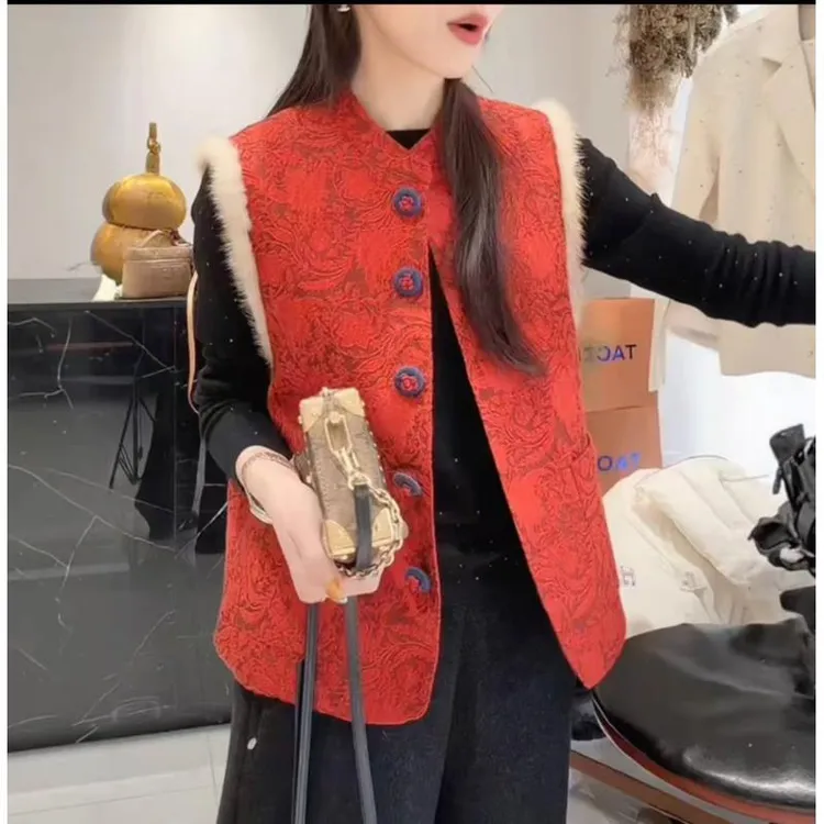 【迎新】新年红水貂毛浮雕刺绣新中式加厚百搭马甲